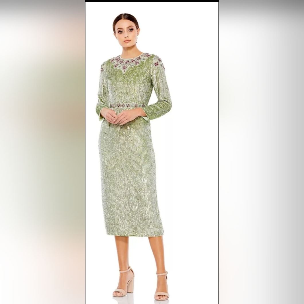 Mac Duggal Sage Green Sequin Midi Dress With Pink Accents